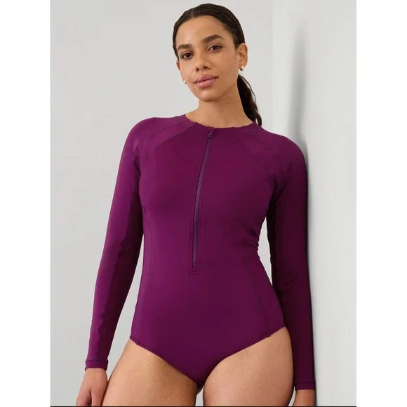 New Athleta One Piece Swimsuit XL Rashguard Purple Long Sleeve NWT Front Zip - Picture 1 of 9